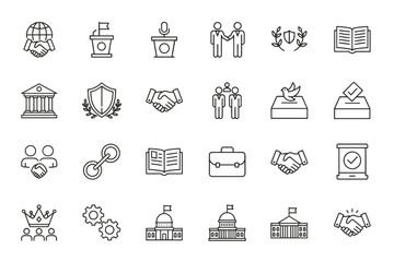Politics and diplomacy line icon set. Government, law and justice symbols. International relations, election, voting, agreement, and partnership vector pictograms.