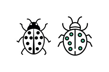 Two simple line art ladybugs depicted in a dark bold silhouette