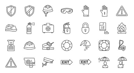 Safety and security icon set. Workplace safety, emergency, fire protection, and warning signs. Vector line icons for construction and personal protective equipment (PPE).