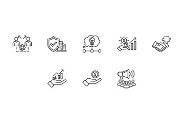 Business strategy icon set. Teamwork, partnership, and financial growth. Corporate protection, investment, and marketing communication. Idea generation and collaboration symbols.