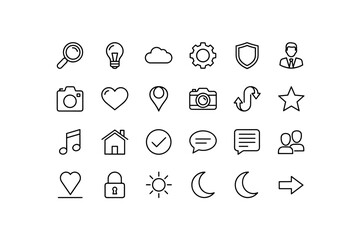Universal thin line icon set. Essential symbols for website and mobile app UI UX design. Web interface kit with search, settings, profile, home, like, photo, security icons.