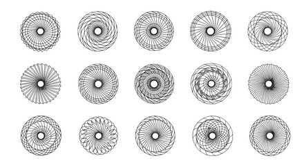 Set of fifteen abstract geometric spirograph circles. Collection of circular line art patterns. Vector decorative elements, hypnotic spiral shapes, mandala forms, technical wheels.