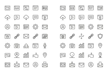 Web icon set, UI UX line icons collection. Simple outline symbols for website and mobile app design. Contains such as user, search, mail, video, chat, cloud, link, graph.
