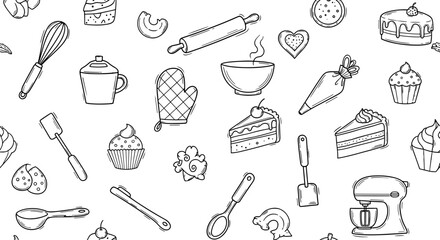 Lamas personalizadas para cocina con tu foto Seamless pattern baking elements. Hand drawn kitchen background. Doodle dessert food icons: cake, cupcake, pastry, mixer, whisk, rolling pin. Black and white vector art.