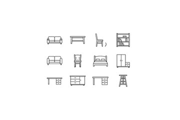 Furniture line icon set for interior design. Home and office furniture symbols. Minimalist outline vector icons of sofa, table, chair, bed, desk, and bookshelf.