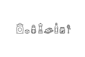 Food ingredients and baking staples icon set. Line art collection of flour, sugar cube, salt, pepper, butter, oil, honey, and jam. Minimalist vector pictogram for cooking.