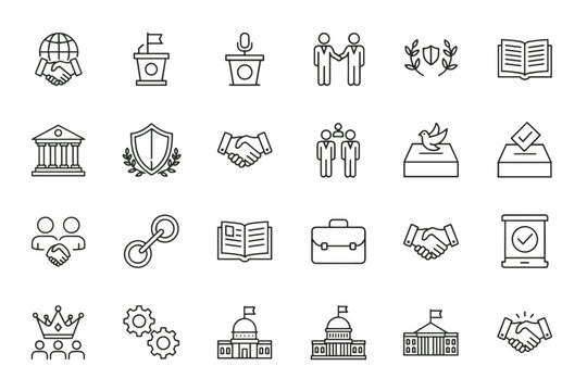 Politics and diplomacy line icon set. Government, law and justice symbols. International relations, election, voting, agreement, and partnership vector pictograms.