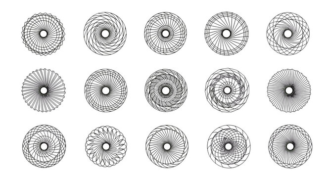Set of fifteen abstract geometric spirograph circles. Collection of circular line art patterns. Vector decorative elements, hypnotic spiral shapes, mandala forms, technical wheels.