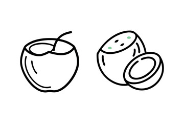 Simple line drawing of a coconut halved and with straw silhouette