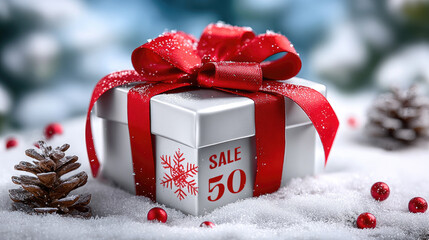 Gift box with a red bow and SALE 50% text, sitting in fresh snow with pinecones, representing winter sales, holiday discounts, and festive shopping promotions