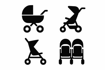 Collection of simple stroller icons in black silhouette style