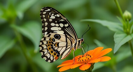 Obraz premium Beautiful butterfly resting on a vibrant orange flower with green foliage background