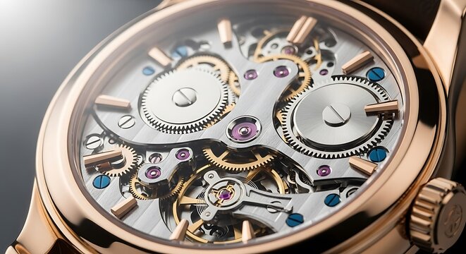 Intricate mechanical movement of luxury wristwatch, visible gears, springs, rubies, precision engineering, detailed craftsmanship, horology timekeeping expertise