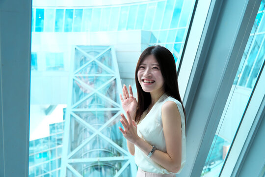 Bright and Stylish Career Woman in Osaka's Umeda Skywalk