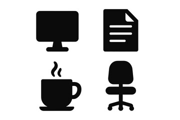 Office essentials: monitor, document, coffee, chair icons for workplace design