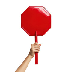 hand holding a red sign isolated on white background