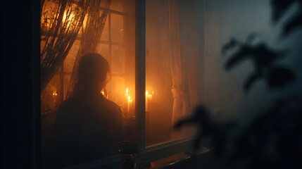 Silhouette of woman gazing out window at night with warm candlelight, longing and solitude