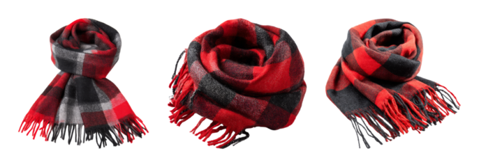 Cozy checkered scarf in warm red and black plaid, elegant winter accessory, perfect for fashion and lifestyle projects PNG set with transparent background
