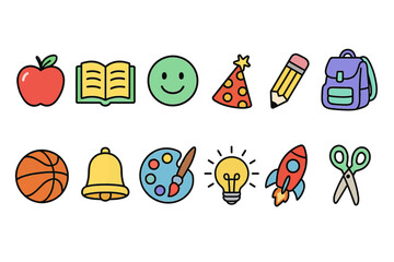 Colorful school icons: apple, book, smiley, party hat, pencil, backpack, basketball, bell, paint palette, lightbulb, rocket, scissors