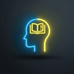 High quality photo of a neon silhouette of a human head with an open book inside