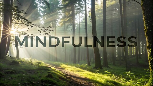 Sunlight streams through a misty forest illuminating a path with the word mindfulness