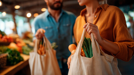 Couple shopping together at farmers market with reusable bags faceless framing room gently defocused faceless background defocused sustainable shopping local market fresh