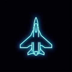 High quality photo of a glowing blue neon silhouette of a fighter jet airplane