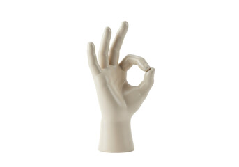 Hand gesture sculpture isolated on transparent background, beige ceramic hand making OK sign, decorative object for interior design and art projects