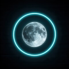 High quality photo of the moon surrounded by a glowing teal neon circle
