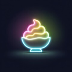 High quality photo of a vibrant neon ice cream dessert illuminated with colorful lights