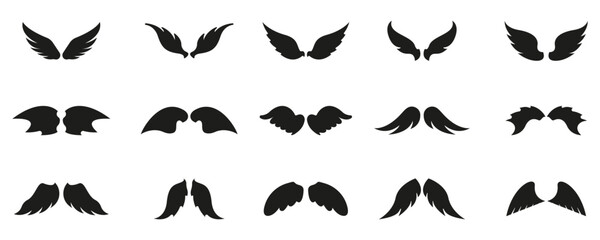 Fototapeta premium Mythical And Angelic Wings Solid Icon Set. Variety Of Wing Designs Symbolizing Fantasy, Freedom And Flight Elements. Silhouette Symbol Collection. Isolated Vector Illustration