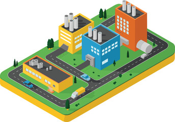 Isometric 3D illustration of colorful industrial factory buildings with roads, vehicles, and chimneys in modern manufacturing complex design