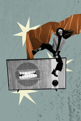 Sketch vertical artwork 3d photo collage of happy girl dance weekend chill celebration holiday relax occasion mouth teeth