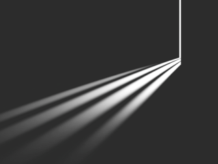 Stark black space, converging light beams, bright point at the vanishing point