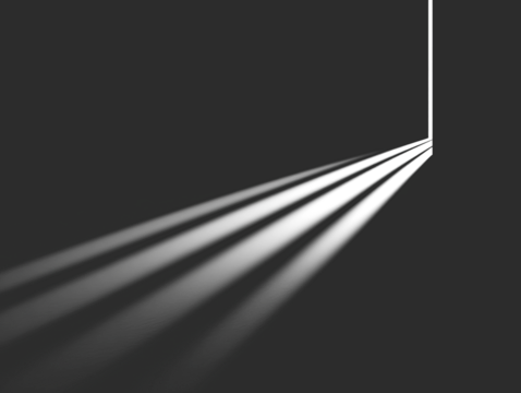 Stark black space, converging light beams, bright point at the vanishing point