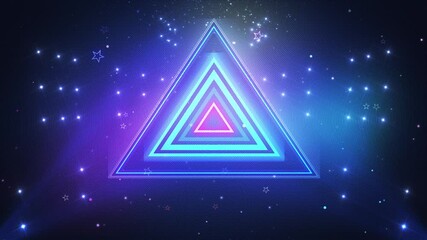 Animated geometric tunnel of neon triangles with bright glowing particles on a dark blue background - Powered by Adobe