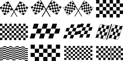 Collection of checkered flag illustrations isolated on white background for various purposes