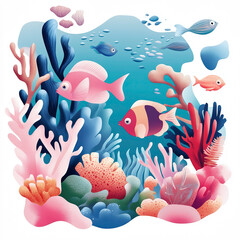 A colorful underwater scene with fish swimming around coral. The fish are pink and orange, and the coral is bright and vibrant. Scene is lively and cheerful, with the fish
