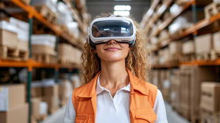 Warehouse worker using virtual reality headset for inventory management