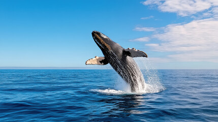 Fototapeta premium Whale breaching dramatically above ocean surface, showcasing its immense size and grace
