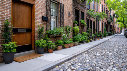 Fototapeta premium Charming urban street featuring old brick townhouses adorned with lush greenery and cobblestone