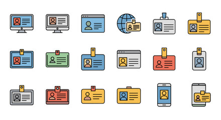 ID card and badge vector icon set. Personal identity, staff pass, security verification. Digital user profile on computer and mobile. Online account, access control concept.