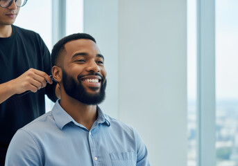 Smiling young man getting a professional haircut in a modern salon with natural light and cityscape window background