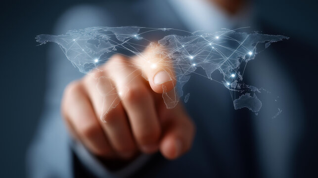 Executive showcasing a worldwide network diagram, global trade visualization, economic diplomacy in market outreach, international relations through digital links, cross-border bus
