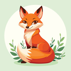 Cute and elegant forest fox with bright orange fur and beautiful eyes, sits calmly and surrounded by green plants. Vector illustration suitable for wildlife, forest animals, or eco-friendly designs.
