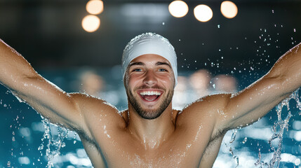Happy swimmer celebrating victory with arms raised, water splashing around