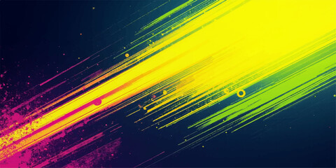 Vibrant abstract diagonal brush strokes of yellow green and pink paint splatters on a dark background