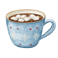 Watercolor illustration of a blue cup filled with hot cocoa and marshmallows in a cozy hand-painted style. Perfect for winter cards, café menus, packaging, and seasonal designs.