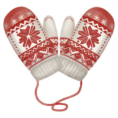 Watercolor illustration of two knitted mittens with a winter ornament in a cozy hand-painted style. Perfect for Christmas cards, textile prints, packaging, and seasonal decorations.