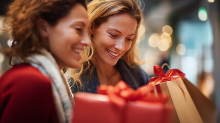 Friends consulting each other while selecting holiday presents in store crop below eyes background softly defocused faceless background defocused collaborative shopping gift